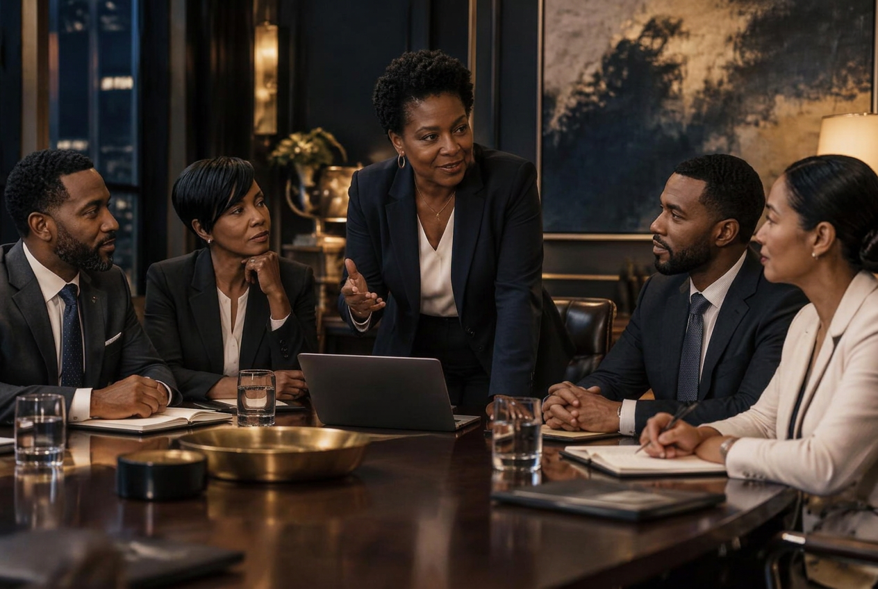 Black professionals collaborating around a boardroom table